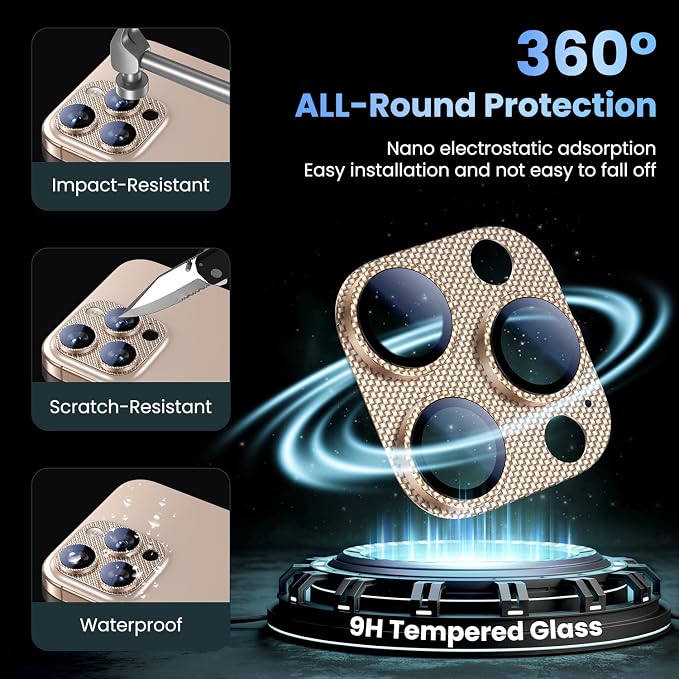 Uyiton for iPhone-16-Pro-Max/16-Pro/iPhone-14-Pro-Max/14-Pro Camera Lens-Protector: [Kevlar Weave Design][Strong Adsorption][Ultra-Thin] Metal Tempered Glass Rear Camera Screen Cover - Kevlar Gold