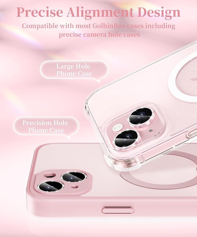GolbinBox Camera Lens Protector for iPhone 15/15 Plus, 1:1 Invisible Fit, 9H Tempered Glass Ultra HD Metal Individual Camera Cover for Women, Case Friendly, Bling/Pink