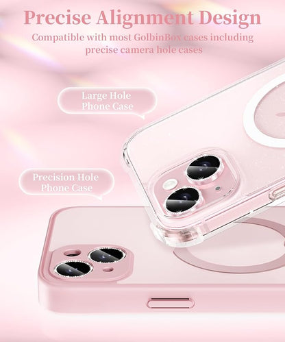 GolbinBox Camera Lens Protector for iPhone 15/15 Plus, 1:1 Invisible Fit, 9H Tempered Glass Ultra HD Metal Individual Camera Cover for Women, Case Friendly, Bling/Pink