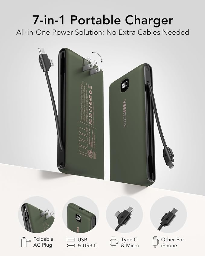VEEKTOMX Portable Charger with Built in Cables 10000mAh, Power Bank for iPhone with AC Wall Plug, Fast Charging USB C Slim Battery Pack with LED Display Compatible with iPhone 17/16/15, Samsung