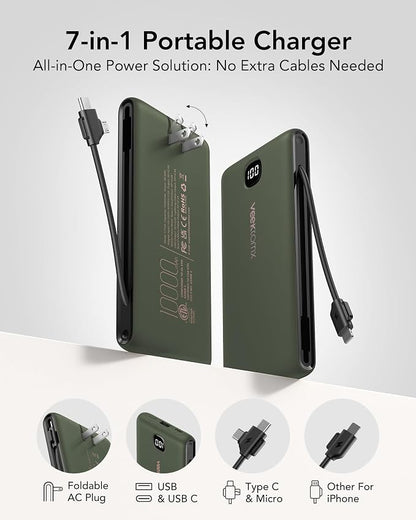 VEEKTOMX Portable Charger with Built in Cables 10000mAh, Power Bank for iPhone with AC Wall Plug, Fast Charging USB C Slim Battery Pack with LED Display Compatible with iPhone 17/16/15, Samsung