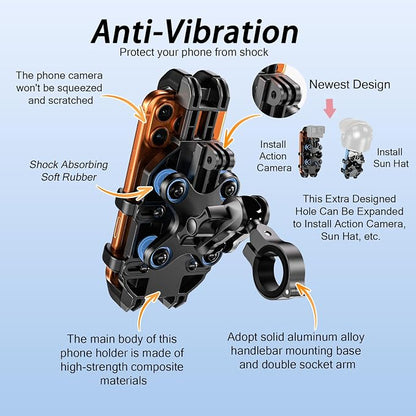 LOKTENWO Anti-Theft Motorcycle Phone Mount with Vibration Dampener [Metal Adjustment Arm] Aluminum Alloy Mounting Base, Anti-Shake Motorcycle Cellphone Holder for ATV Scooter for 5.4"-6.9" Phones