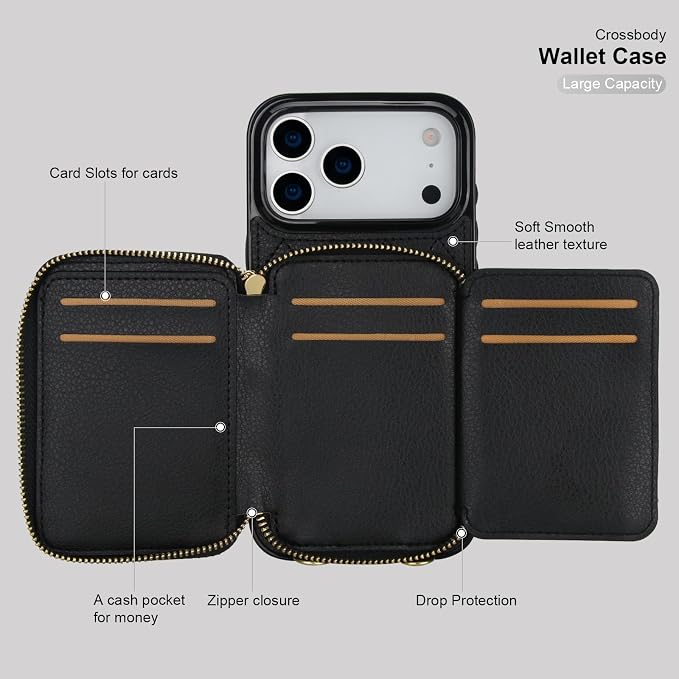 Bocasal Crossbody Wallet Case for iPhone 17 Pro Max, RFID Blocking PU Leather Zipper Handbag Purse Flip Cover, Kickstand Folio Case with Card Slots Holder Wrist Strap Lanyard 5G 6.9 Inch (Black)