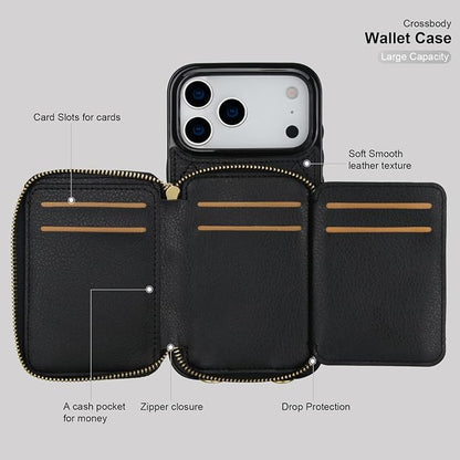 Bocasal Crossbody Wallet Case for iPhone 17 Pro Max, RFID Blocking PU Leather Zipper Handbag Purse Flip Cover, Kickstand Folio Case with Card Slots Holder Wrist Strap Lanyard 5G 6.9 Inch (Black)