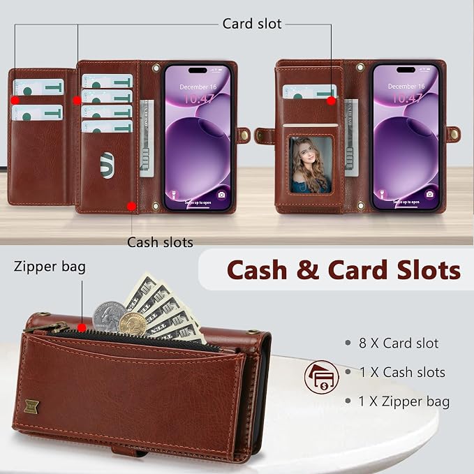 Wallet Case for iPhone 16 Plus with Card Holder/Crossbody Wallet/Strap| RFID Blocking | Magnetic | Kickstand | Detachable | PU Leather Phone Case for iPhone 16 Plus,6.7 in,Brown