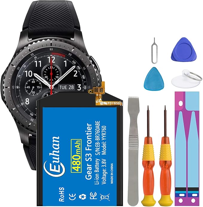 Gear S3 Battery, UNKLOU 480mAh Li-Polymer Replacement Battery for Samsmung Galaxy Gear S3 Frontier SM-R760 and S3 Classic SM-R770 R760 R770 BR760 R765 EB-BR760A with Repair Replacement Tool Kit