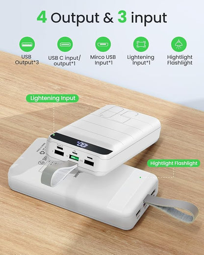 Power Bank Fast Charging 50000mAh - 22.5W Portable Charger USB C Quick Charge with 4 Outputs & 3 Inputs LED Display Huge Capacity External Battery Pack for iPhone, Samsung, iPad etc White