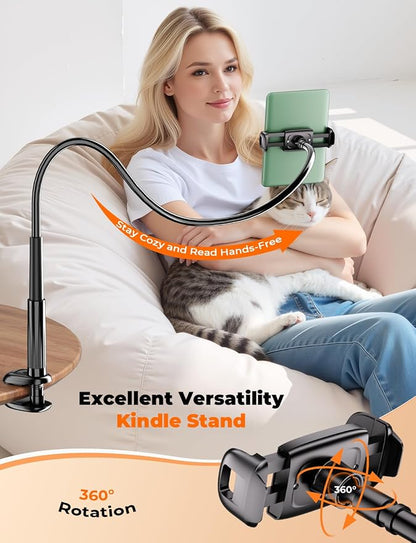 Gooseneck Kindle & Phone Holder for Bed: Flexible Long Arm Clamp Mount for Hands-Free Reading, Bedside Desk Headboard Stand, Compatible with iPhone 17 Pro Max Kindle Kobo & 4.7–8.6 Inch Devices