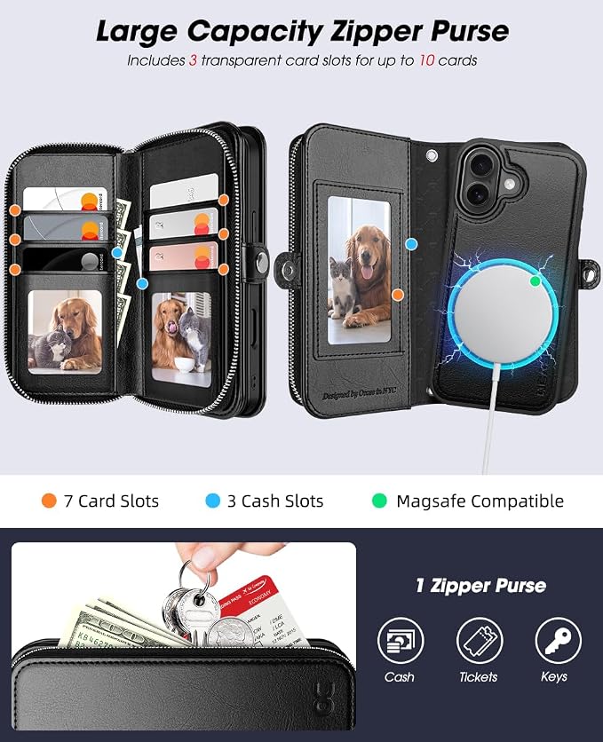 OCASE for iPhone 17 Crossbody Detachable Wallet Case, PU Leather Handbag Phone Purse with Zipper Closure, Card Slots & RFID Blocking, Wrist Strap, Lanyard, Kickstand, Black