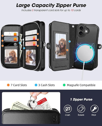 OCASE for iPhone 17 Crossbody Detachable Wallet Case, PU Leather Handbag Phone Purse with Zipper Closure, Card Slots & RFID Blocking, Wrist Strap, Lanyard, Kickstand, Black