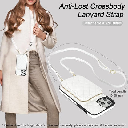 Bocasal Crossbody Wallet Case for iPhone 12 Pro Max, RFID Blocking PU Leather Zipper Handbag Purse Flip Cover, Kickstand Folio Case with Card Slots Holder Wrist Strap Lanyard 5G 6.7 Inch (White)