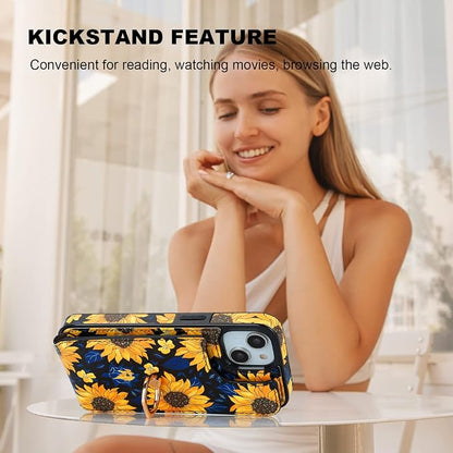 HAOPINSH for iPhone 13/ iPhone 14 Wallet Case with Card Holder, 360°Rotation Ring Kickstand, Blooming Sunflowers Pattern, RFID Blocking Leather for Girls Women,Double Buttons Protective Cover 6.1"
