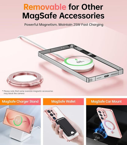 Meifigno Magnetic Case for Samsung Galaxy S26 Ultra 6.9" + Removable Phone Grip Kit, [Phone Ring Holder with Built-in Mirror] [Compatible with MagSafe] [Glitter Card & Wrist Strap], Rose Gold