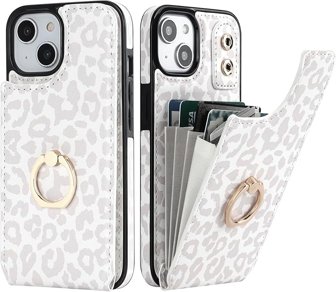 HAOPINSH for iPhone 13/ iPhone 14 Wallet Case with Card Holder, 360°Rotation Ring Kickstand, White Leopard Cheetah Pattern, RFID Blocking Leather for Girls Women, Double Buttons Flip 6.1"
