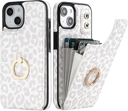 HAOPINSH for iPhone 13/ iPhone 14 Wallet Case with Card Holder, 360°Rotation Ring Kickstand, White Leopard Cheetah Pattern, RFID Blocking Leather for Girls Women, Double Buttons Flip 6.1"