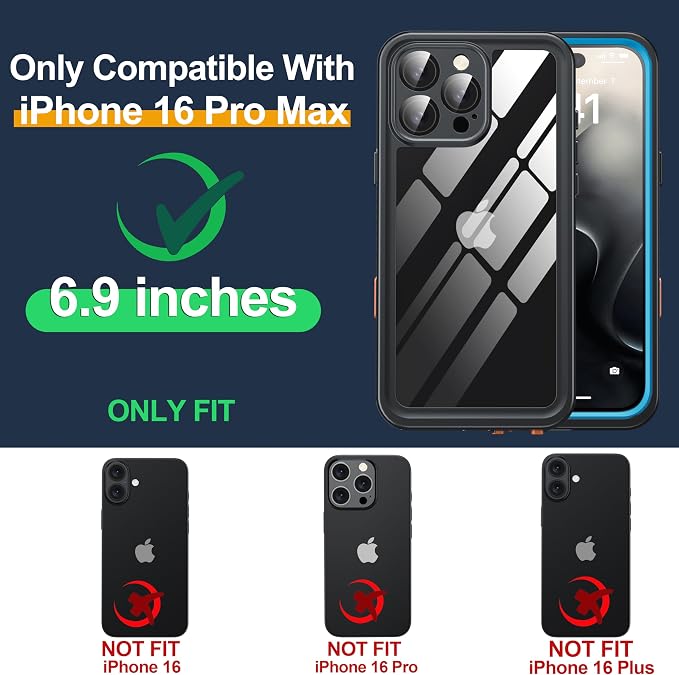 for iPhone 16 Pro Max Case Waterproof, Built-in Privacy Screen & HD Screen Double Front Frame [IP68 Underwater] Shockproof Dustproof Full Body Protection iPhone 16 Pro Max Phone Case Blue