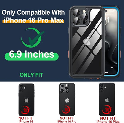 for iPhone 16 Pro Max Case Waterproof, Built-in Privacy Screen & HD Screen Double Front Frame [IP68 Underwater] Shockproof Dustproof Full Body Protection iPhone 16 Pro Max Phone Case Blue