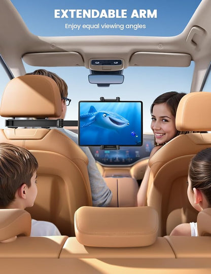 Aomiker Car Headrest iPad Holder - [Aluminium Lockable Arm] Universal Car Tablet Mount Backseat with Foldable Wide Clip, Road Trip Essentials for Kids, for iPad Pro, Air, Mini, Galaxy, 6.1-13” Device