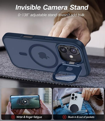 [Upgraded] for iPhone 16 Case with Camera Cover Stand [Fit for MagSafe][9H Camera Lens Protector] Mil-Grade Protection Translucent Matte Silicone Magnetic iPhone 16 Phone Case, Blue