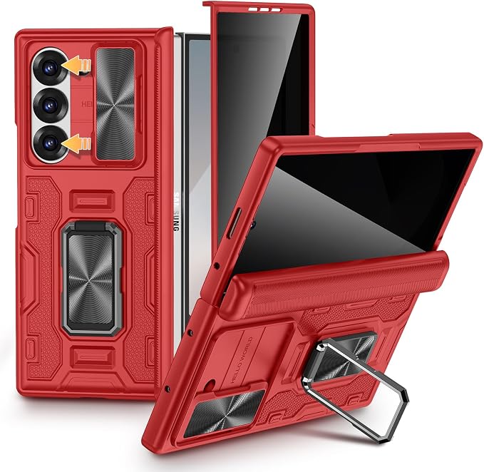 VEGO for Galaxy Z Fold 6 Case with Stand[Screen Protector & Anti-Peeping | Slide Camera Cover &Hinge Protection Full-Body Shockproof Protective Hard PC Privacy Phone Case for Samsung Galaxy Fold 6-Red