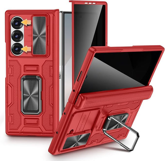 VEGO for Galaxy Z Fold 6 Case with Stand[Screen Protector & Anti-Peeping | Slide Camera Cover &Hinge Protection Full-Body Shockproof Protective Hard PC Privacy Phone Case for Samsung Galaxy Fold 6-Red