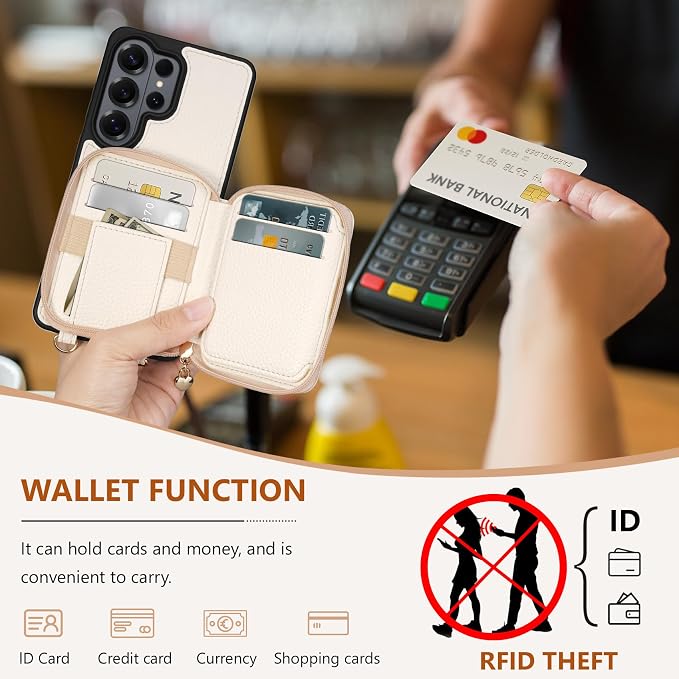 Keallce Wallet Case for Samsung Galaxy S26 Ultra 6.9",Crossbody Zipper Purse with RFID Blocking Card Slots Kickstand, Lanyard & Handstrap Flip Folio Leather Phone Cover for Galaxy S26 Ultra, White