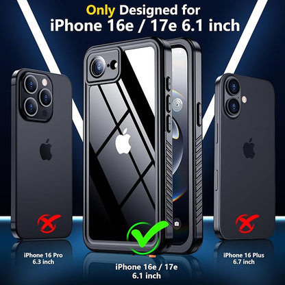 SPIDERCASE for iPhone 16e Case/iPhone 17e Case Waterproof,Built-in Screen & Camera Lens Protector[IP68 Underwater] Full Body Protection Phone Case for iPhone 16e/iPhone 17e 6.1'', Black/Clear
