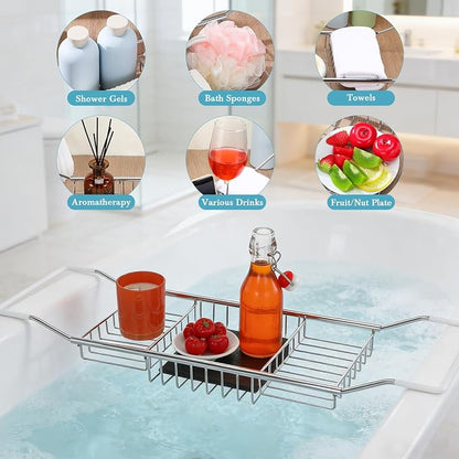 Cabilock Stainless Steel Expandable Bathtub Tray, Chrome Polished Telescopic Bath Tub Shelf, Bathroom Organizer for Soap, Shampoo, Phone and Sundries