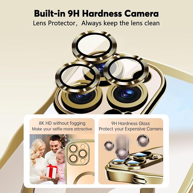 Misscase Designed for iPhone 16 Pro Case 6.3",with Privacy Screen Protector*1,Cute Wave Frame Case with Camera Lens Protector,Compatible with MagSafe Plating Bling for Women Gold