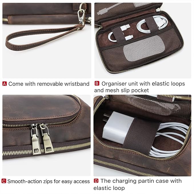 CONTACTS Full Grain Leather Travel Cable Organizer Pouch Double Layer Electronics Organizer Travel Case for Charger, Cable, Power, Tech Storage Bag by Handmade (Brown)
