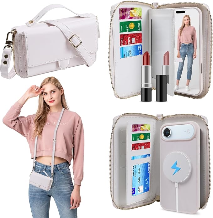 Lacass for iPhone 17 Air Detachable Crossbody Wallet Case, Compatible with MagSafe Magnetic 2 in 1 RFID Blocking PU Leather Wallet Cover Card Holder Zipper Make Up Mirror (White)