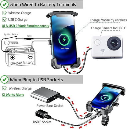 iMESTOU Motorcycle Wireless Phone Mount Charger -Motorcycle USB C 3.0 Phone Holder Qi 15W by Wiring/Plugging to USB A Socket Aluminium Handlebar Base Waterproof for 4-7" Cellphones