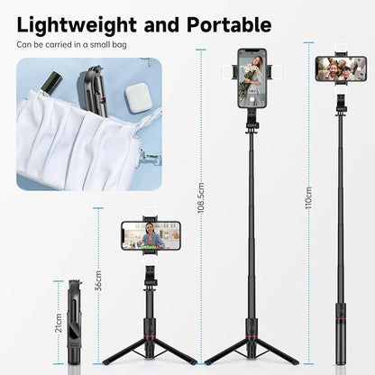 UTEBIT Phone Tripod & Selfie Stick with Light & Remote, 42" Extendable Selfie Stick Cell Phon Travel Tripod Stand Compatible with iPhone Android, Camera, 360° Rotation & Wireless Remote Control, Black
