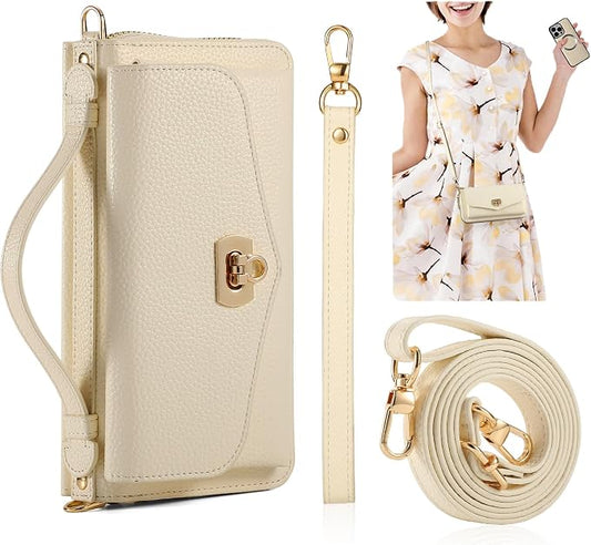 Crossbody Wallet Case for iPhone 16 Pro Max, Magnetic Detachable Floral PU Leather Phone Case with RFID Blocking Card Holder Wristlet Mirror Flip Zipper Shoulder Purse for Wome - White