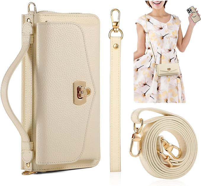 Crossbody Wallet Case for iPhone 16 Pro 6.3", Magnetic Detachable Floral PU Leather Phone Case with RFID Blocking Card Holder Wristlet Mirror Flip Zipper Shoulder Purse Bag for Women - White