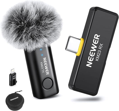NEEWER Wireless Lavalier Microphone System for USB C, Compatible with iPhone 16 15 Samsung Android Phones, Noise Cancelling Mini Lav Omnidirectional Condenser Mic for Vlogging Live Streaming, KM23