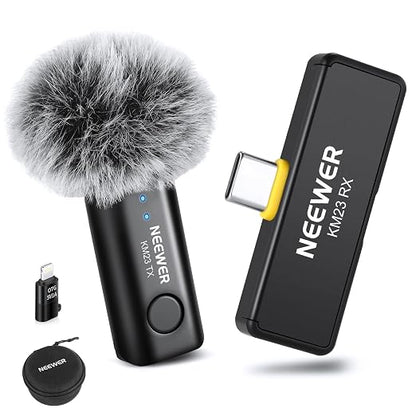 NEEWER Lavalier Wireless Microphone System, 1x USB C Receiver with OTG Adapter & 1x Noise Cancelling Omnidirectional Condenser Transmitter Compatible with iPhone 16 Pro Max S24 Ultra, KM23
