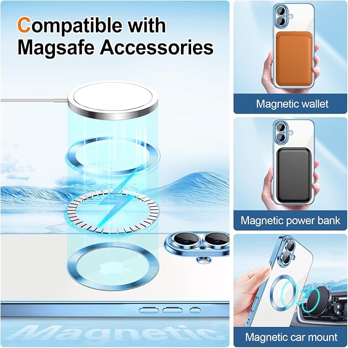 Hython for iPhone 17 Case Glitter Clear Magnetic Phone Cases [Compatible with MagSafe] Full Camera Lens Protector Sparkle Luxury Plating Slim Shockproof Protective Cover, Gradient Light Blue