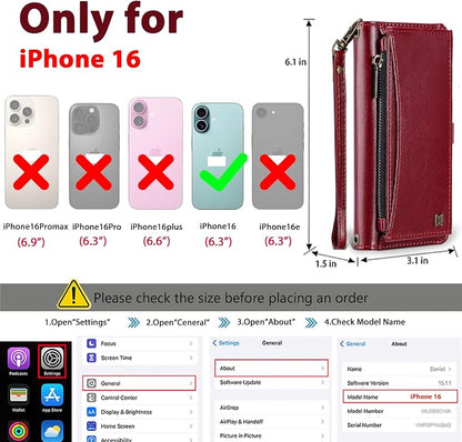 Wallet Case for iPhone 16 with Card Holder/Crossbody Wallet/Strap| RFID Blocking | Magnetic | Kickstand | Detachable | PU Leather Phone Case for iPhone 16,6.1 in,Wine Red