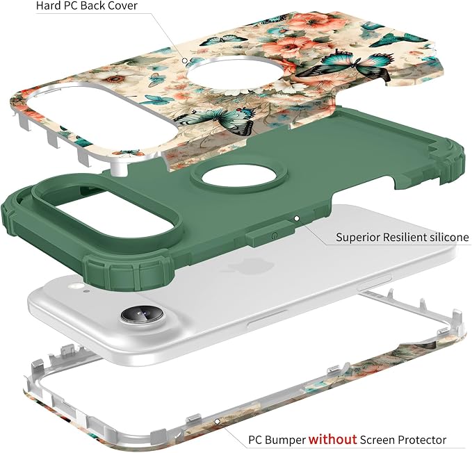 Hocase for iPhone Air Case 6.5", Heavy Duty Shockproof Protection Soft Silicone Rubber+Hard Plastic Bumpers Hybrid Protective Case for iPhone Air 2025 - Teal Green Butterflies
