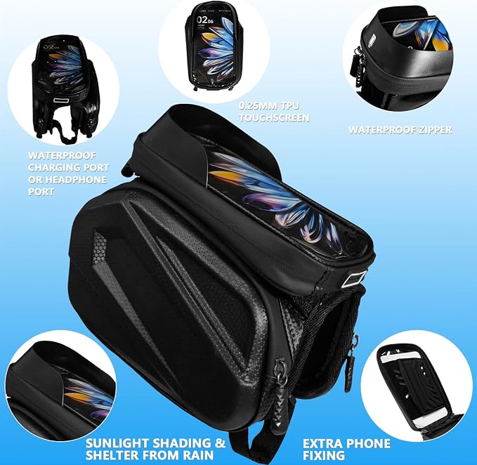 Bike Frame Bag - 2.73L Detachable Touchscreen Pouch with EVA Hardcase & 360 Swivel, Waterproof Top Tube Bike Bag/Handlebar Mount for iPhone/Samsung up to 7" - MTB/Road/Ebike Accessories