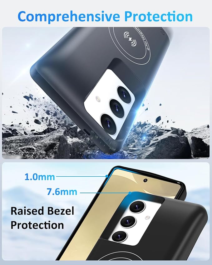 Battery Case for Samsung Galaxy S24, 10000mAh Magnetic Rechargeable Extended Charge QI Wireless Charging Case, Portable Protective Power Bank for Galaxy S24(6.2") - Black