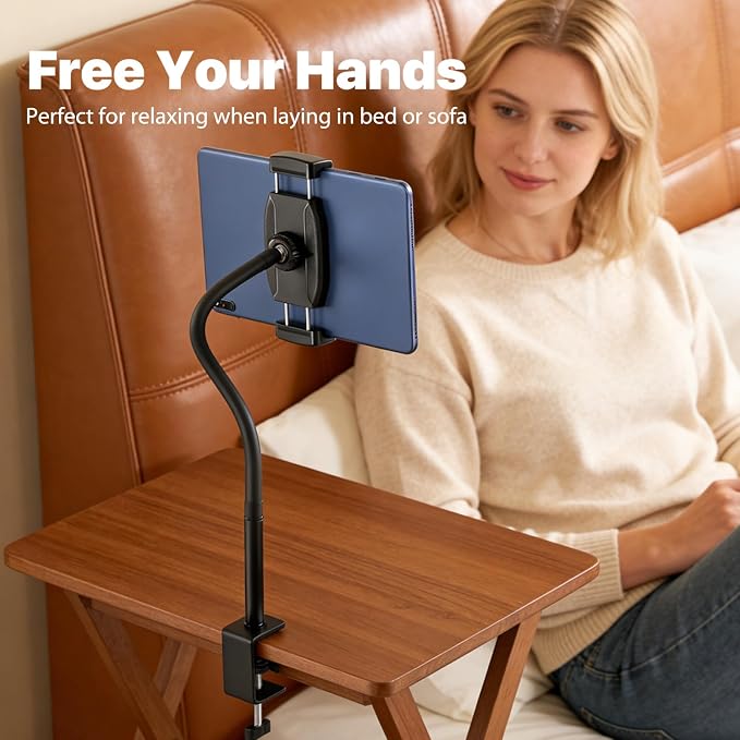Tablet Stand Holder for Desk, Gooseneck iPad Holder Clamp Mount, 360° Adjustable Arm Mount for iPad mini/Air/Pro、Kindle Fire, Galaxy Tabs, All 4.7"-13.5" Tablets, for Work Meetings, Video, Kitchen