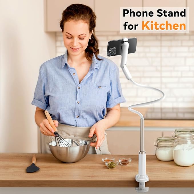 Gooseneck Phone Holder for Bed, Universal Cell Phone Stand with Clamp Mount, 900° Rotation Overhead Phone Mount with Flexible Long Arm for Bedside,Headboard,Desk (43.3 Inches Length)