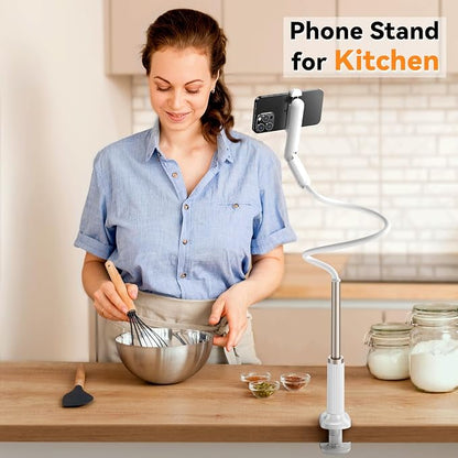 Gooseneck Phone Holder for Bed, Universal Cell Phone Stand with Clamp Mount, 900° Rotation Overhead Phone Mount with Flexible Long Arm for Bedside,Headboard,Desk (43.3 Inches Length)