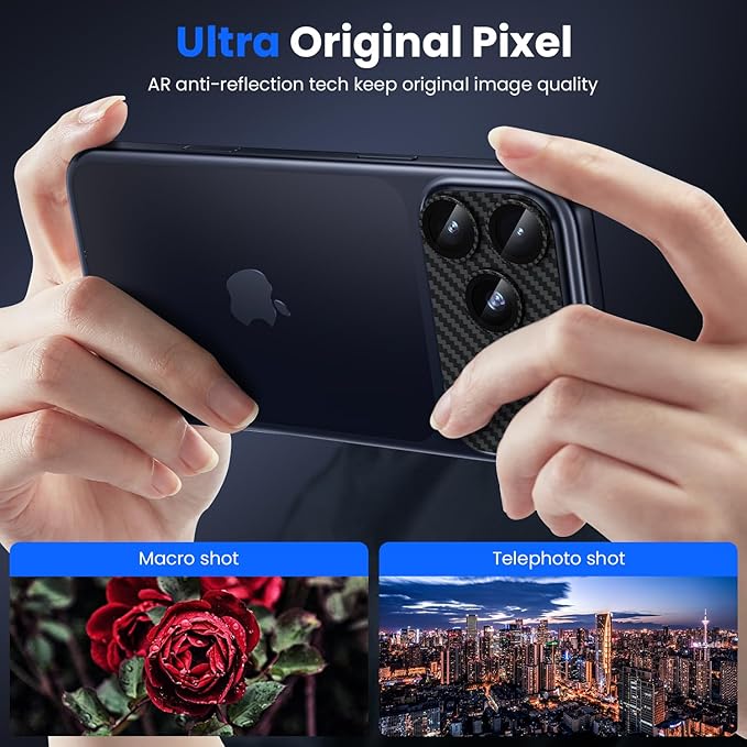 WSKEN for iPhone 17 Pro Max Camera Lens Protector, [Military Grade Shatterproof] [Strong Adhesion] Metal Aluminum Alloy Tempered Glass Camera Screen Protector, Crabon Fiber Texture