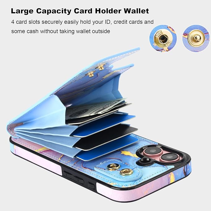 HAOPINSH for iPhone 16 Wallet Case with Card Holder, 360°Rotation Ring Kickstand, Pink Blue Marble Pattern, RFID Blocking Leather for Girls Women, Double Buttons Protective Cover 6.1"