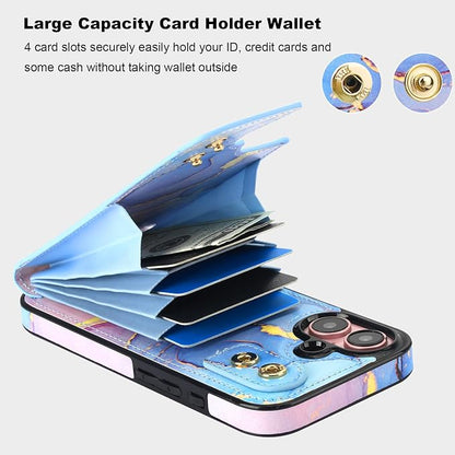 HAOPINSH for iPhone 16 Wallet Case with Card Holder, 360°Rotation Ring Kickstand, Pink Blue Marble Pattern, RFID Blocking Leather for Girls Women, Double Buttons Protective Cover 6.1"