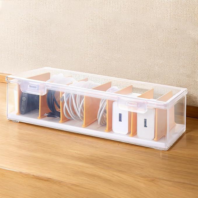 PAVSTINE Clear Cable Organizer Box with Lid and Adjustable Dividers | Customizable Compartments, Stackable for Space Saving, Fits Chargers, Cords & Accessories, Compact for Desk or Drawer