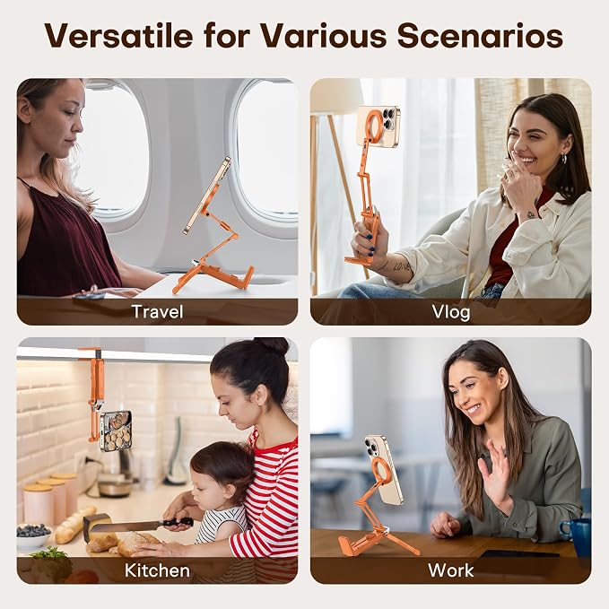 OMOTON TP02 360°Rotating for MagSafe Tripod Mount, Adjustable Aluminum Magnetic Phone Tripod for iPhone 17/16/15/14 Pro Max Air, Foldable Cell Phone Stand Fits Vlog, Gym, Travel Essentials, Orange